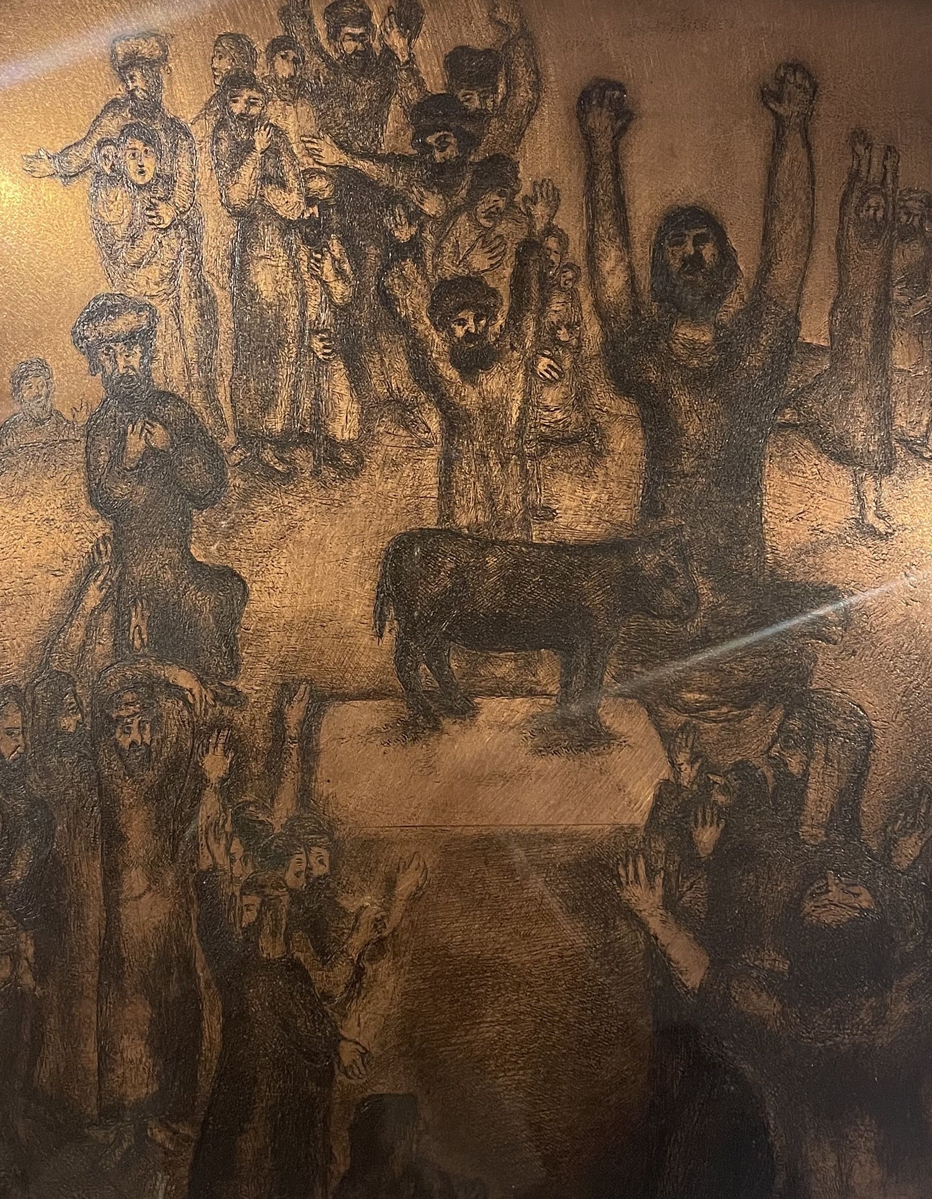 Chagall, copper engraving, The Hebrews worship the golden calf