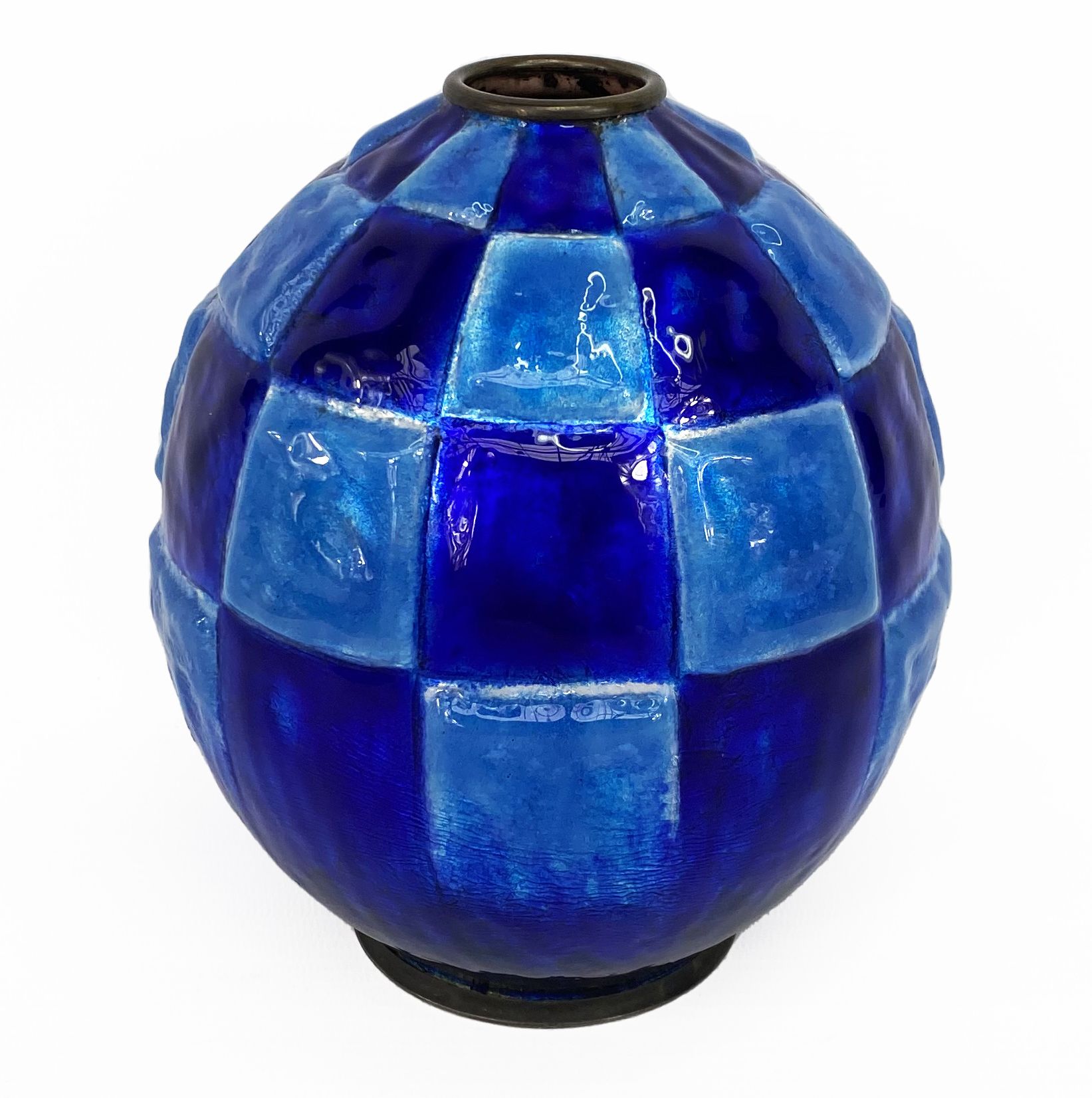 Camille Fauré vase, enameled checkerboard design