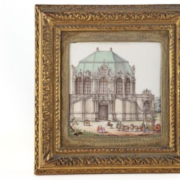 MEISSEN Rare rectangular plaque with polychrome decoration depicting the main entrance to the Royal Orangery of the Zwinger Palace in Dresden