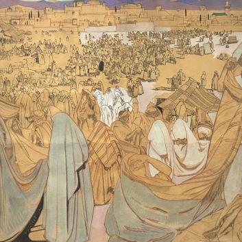 Jacques MAJORELLE (1886-1962) «Les Haïks au souk el Khemis », Marrakech, 1925. Technique mixte sur papier.