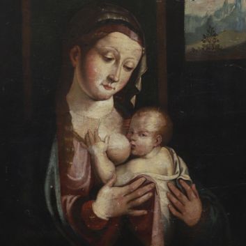 École flamande du début du XVIIe siècle, d'après Luca Longhi (Ravenne 1507-1580 Ravenne) ou Barbara Longhi (Ravenne 1552 - 1638 Ravenne) Virgo Lactans Huile sur panneau (parquetage)