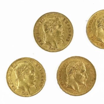 Lot of seven 20 franc gold coins Napoleon III emperor with laurel head