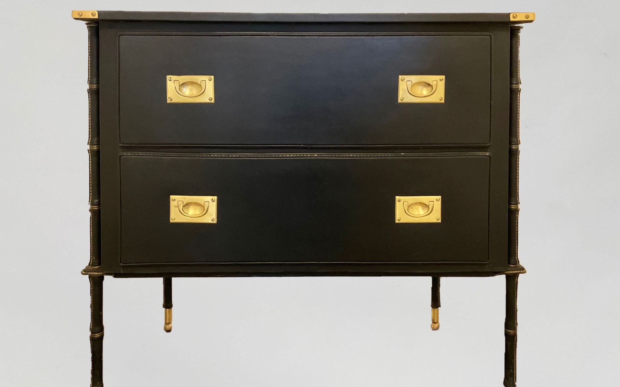 Jacques Adnet, wood, leather and metal chest of drawers