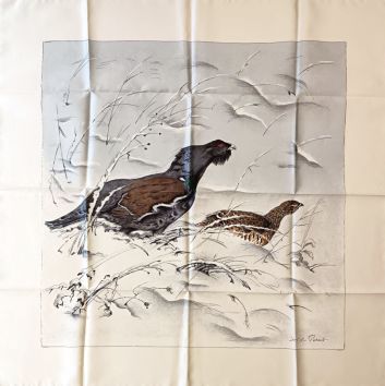 HERMES PARIS, by Xavier DE PORET (1894-1975), Exceptional Haute Couture square in sandblasted silk satin decorated with large grouse on a cream background. Circa 1950.
