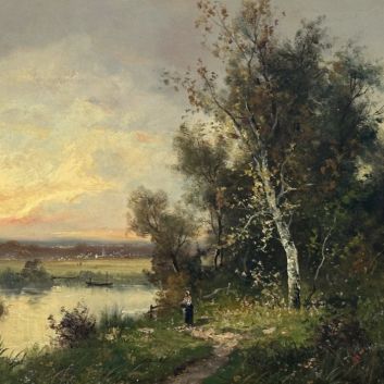 Edma MORISOT-PONTILLON (1839-1921) Spectatrice du crépuscule au bord de l'étang Oil on canvas