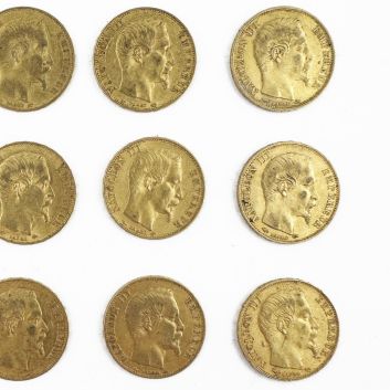 Lot of twelve 20 franc gold Napoleon III emperor bareheaded coins