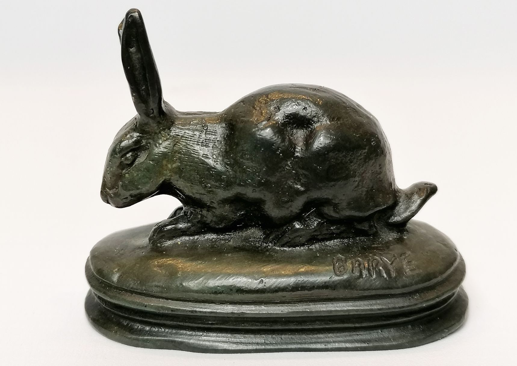 Barye, brown patina bronze print of a rabbit