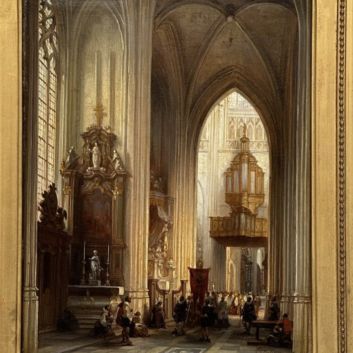 Jules Victor Génisson (Saint-Omer 1805-1860 Bruges) La procession du Saint Sacrement dans le déambulatoire de la collégiale Saint-Pierre de Louvain  Huile sur panneau