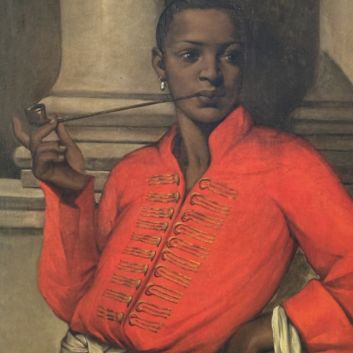 Entourage by Jean-Léon Gérôme (Vesoul 1824-1904Paris) Young androgynous Moorish smoker, dressed in Polish style, wearing a Baroque pearl (Angelo Soliman?) Oil on canvas