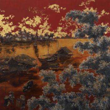 VIETNAM, 20th century. Lacquer on panel, fishermen and sampans on a river. Signed Thanh and dated 55