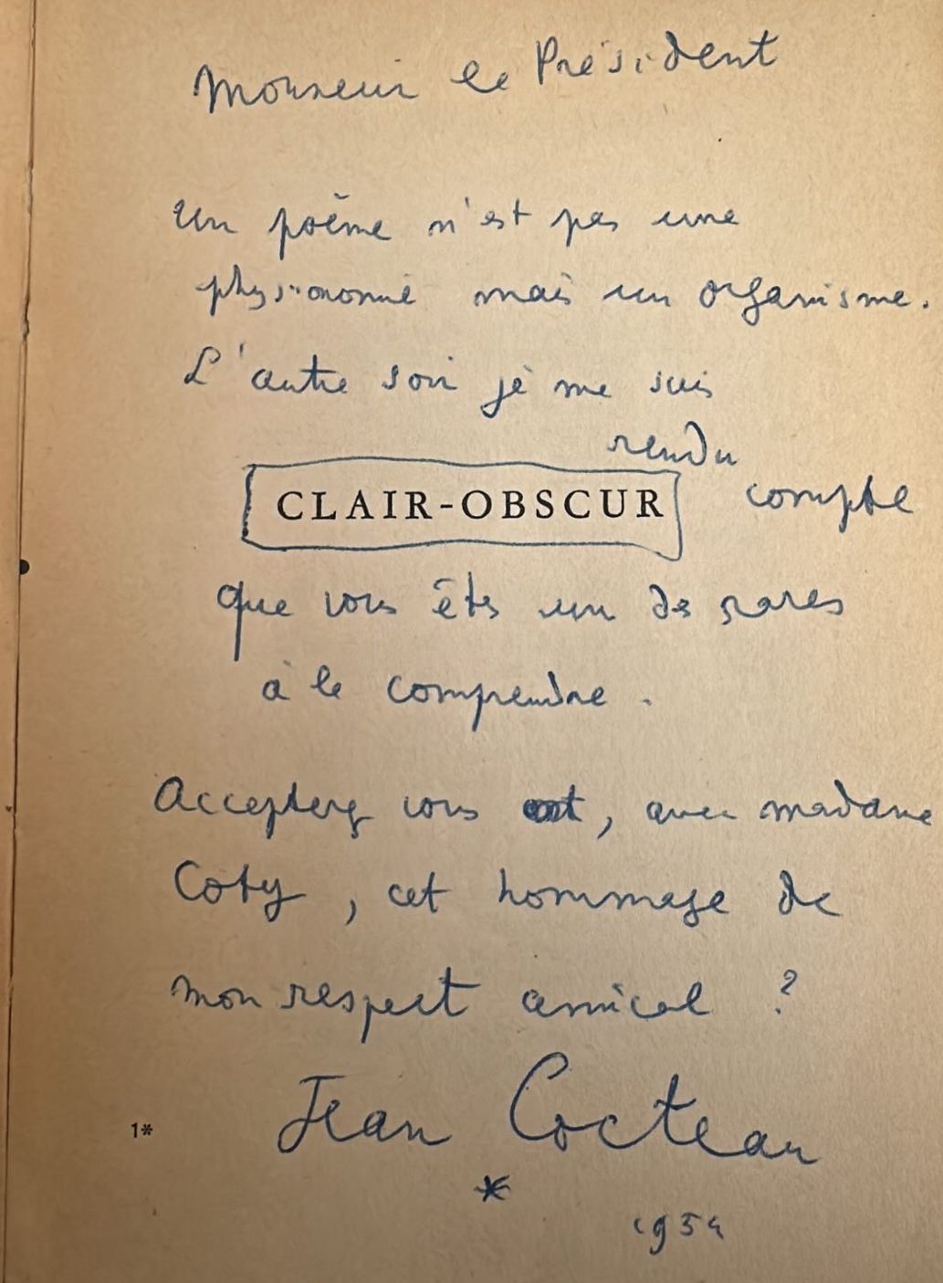 Jean Cocteau, dedication to René Coty