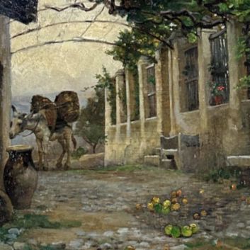 Virginie Demont-Breton (1859-1935):  Carrying donkey in an alley.  Oil on panel.