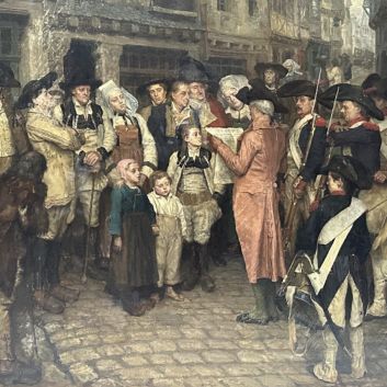 Henri Pille (Essômes-sur-Marne 1844-1897 Paris) In Brittany, the announcement to the population of the decree of the National Convention instituting the mass levy, in March 1793. Oil on canvas