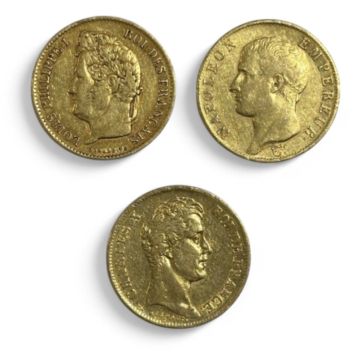 Set of 3 coins of 40 Francs gold (900) -Napoleon Emperor 1806 Paris -Charles X 1830 Paris -Louis-Philippe 1e 1834 Paris