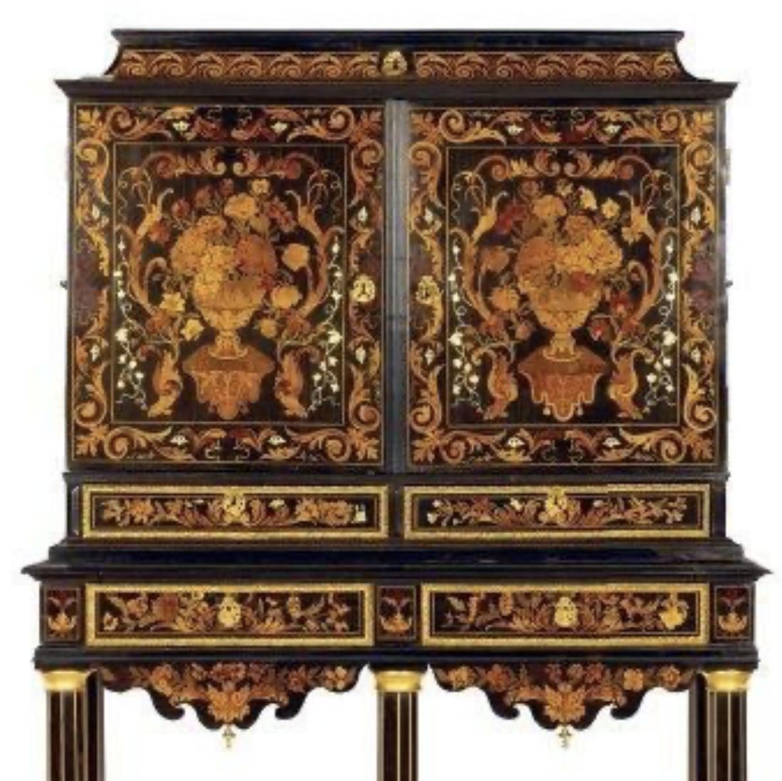 Louis XIV period cabinet, rich fruitwood and mother-of-pearl marquetry