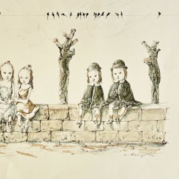 Tsuguharu FOUJITA (1886-1968) On the wall, children and swallows, 1964 Lithograph