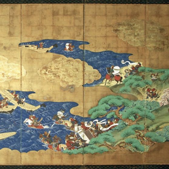 Japanese screen depicting the Battle of Menpei, 19th century