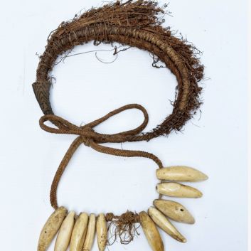 SAMOA ISLANDS, 19th century. Prestigious necklace (Vuasagale ), featuring ten carved and polished walrus teeth, held in place by woven and knotted plant fibers.