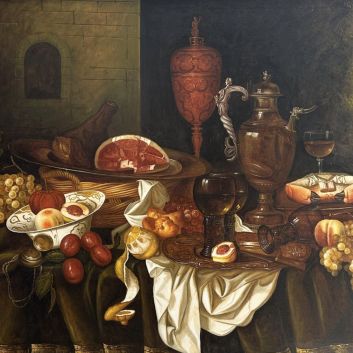 Work in the taste of the Dutch 17th century Large still life with crab, ewers, fruit and römer