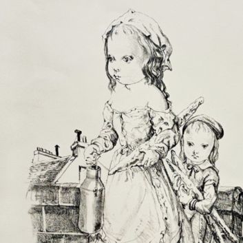Tsuguharu FOUJITA (1886-1968), Fillettes au pot de lait et aux baguettes, Lithograph