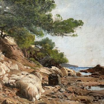 Paulin BERTRAND (1852-1940) Rocky beach with leaning pines at Carqueiranne (Var)