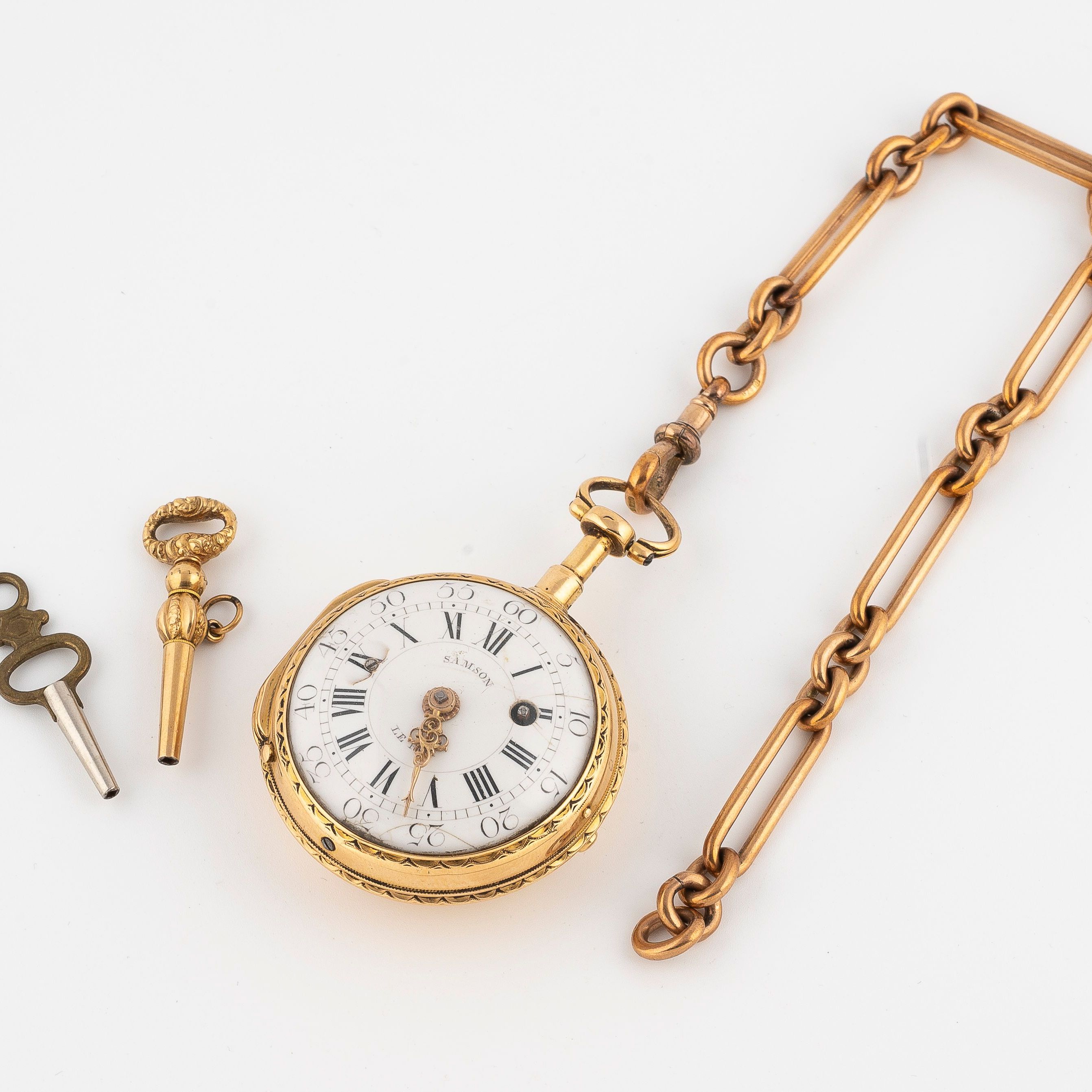 Pocket watch in yellow gold, chain and winding keys