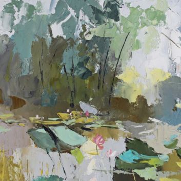 Nguyen Tri Minh (1924-2010) "Lotus and Bamboo" Oil on isorel