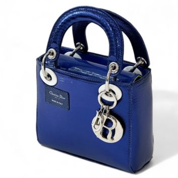 CHRISTIAN DIOR - MARC QUINN Mini Lady Dior in electric blue lizard, palladium-plated metal jewelry, yellow glacé calfskin lining