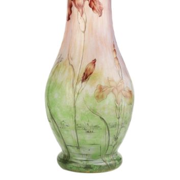 DAUM - NANCY, "Water iris and dragonflies". Ovoid vase with conical neck on hemmed base